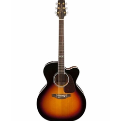 Takamine GJ72CE BSB Jumbo with cutaway, solid spruce top, flame maple back and sides, gold hardware, brown sunburst finish and TK-40D electronics